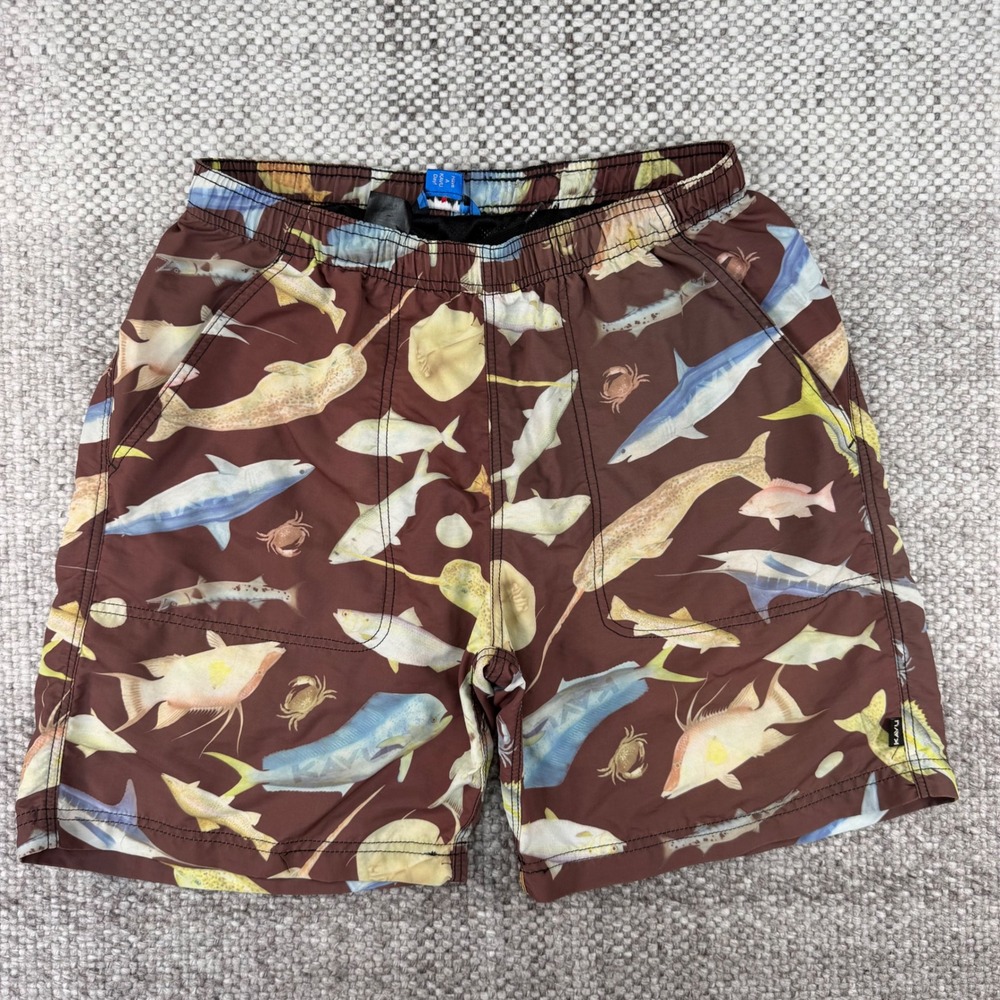 KAVU Board Shorts Mens Medium Brown Sea Life Narwhal Fish Print Swim Trunks